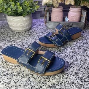 J.Crew | Blue Leather Double Buckle-Strap Sandals Wood Bottom Size 8.5
